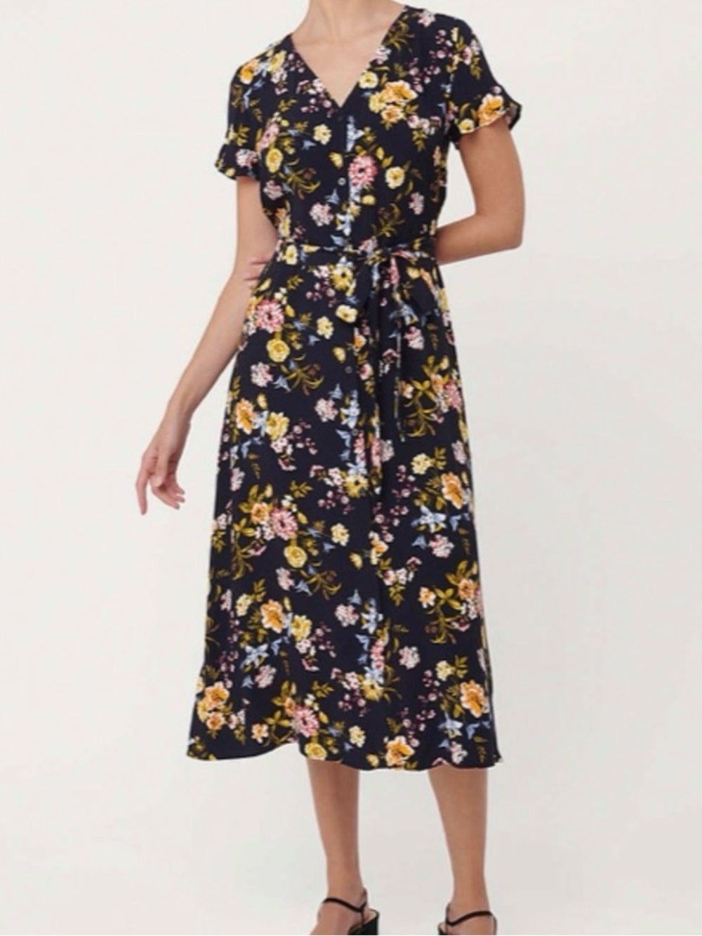 Loft • Floral Garden Button V-Neck Midi Dress Size 2